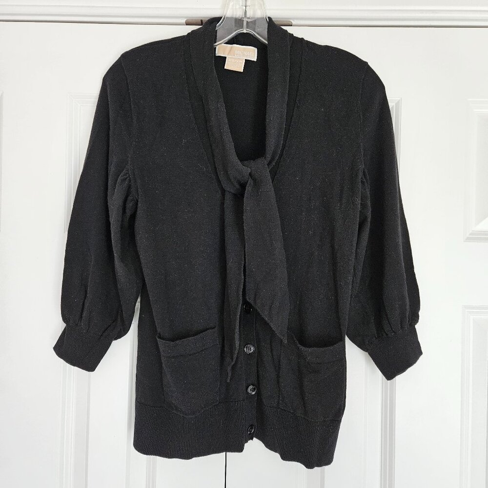 Michael Kors Black 3/4 Length Sleeve V-Neck Sweater with Attached Tie, X-Small